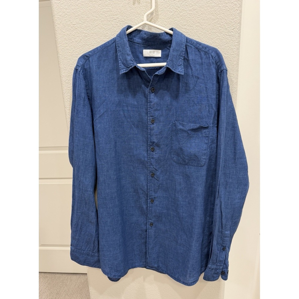 Men's Uniqlo Button-down Blue Premium Linen Shirt Size L Resort Wear L/S
